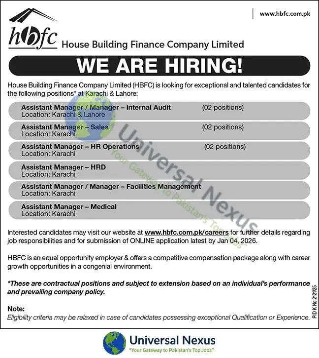 House Building Finance Company (HBFC) Jobs December 2025 – Assistant / Manager Roles HBFC Advertisement