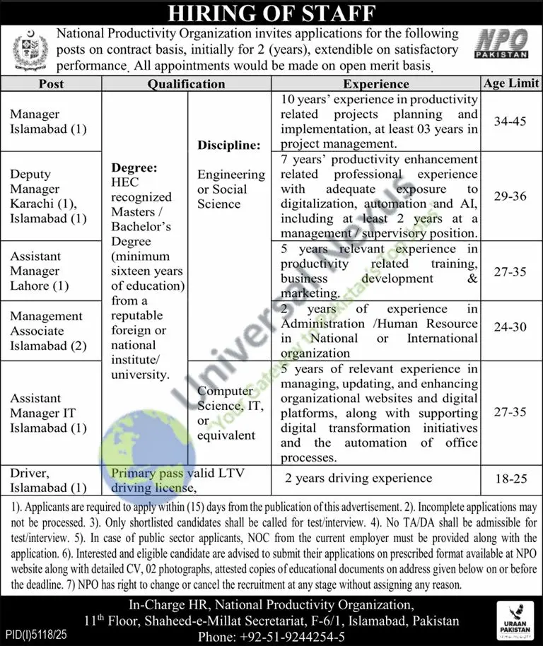 NPO Pakistan Jobs Dec 2025 – Apply for Manager & Associates Advertisement