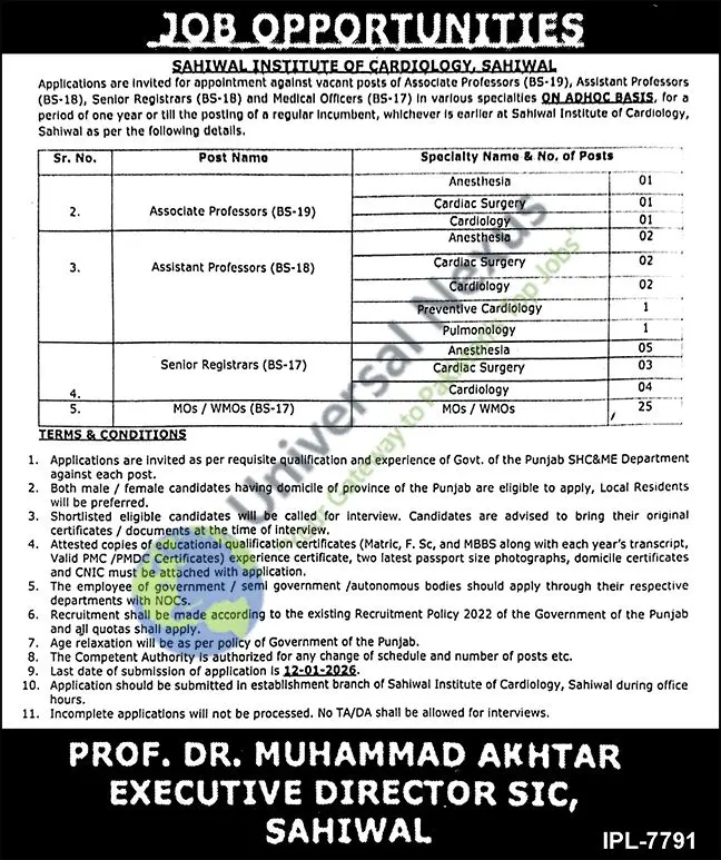 Sahiwal Institute of Cardiology Jobs 2025 | SIC Careers Advertisement