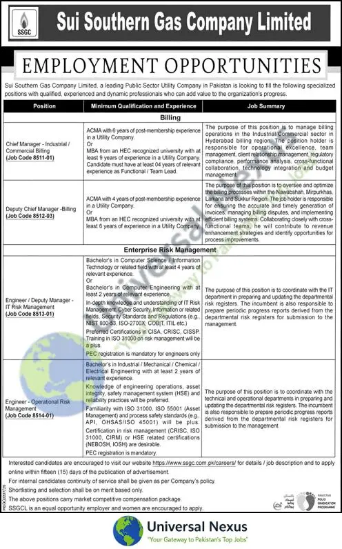SSGC Jobs December 2025 Apply Online – Sui Southern Gas Co Advertisement