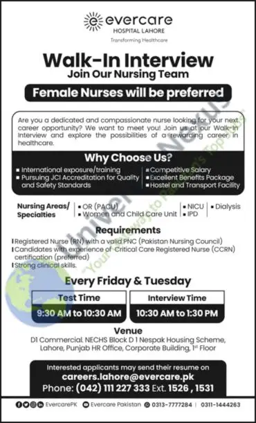 Nurse Jobs in Evercare Hospital Lahore December 2025 Advertisement