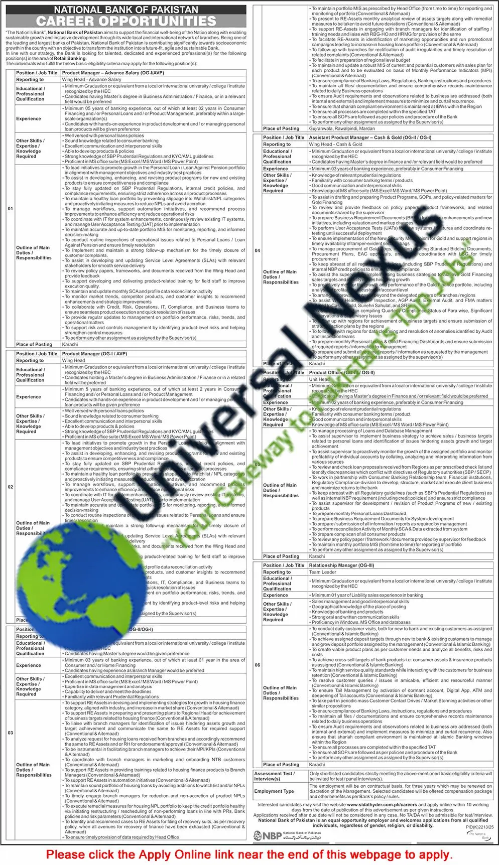 National Bank of Pakistan NBP Jobs December 2025 – Apply Online Product Managers Advertisement