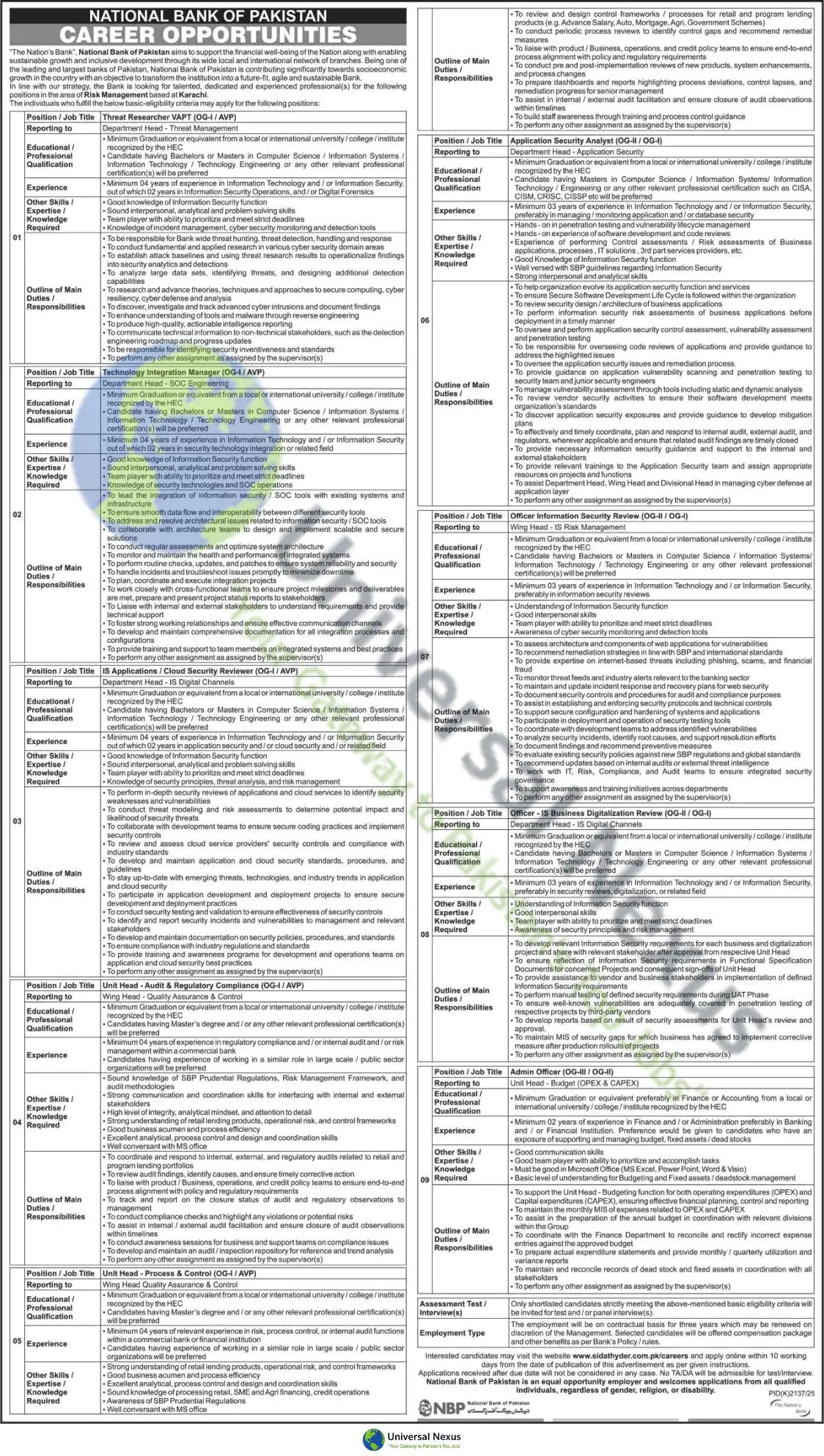 National Bank of Pakistan (NBP) Jobs December 2025 Advertisement