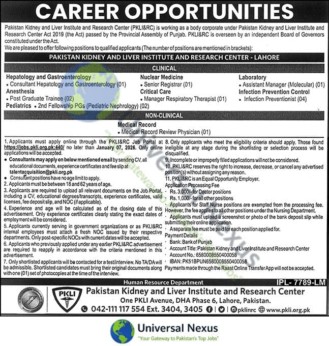 PKLI Lahore Jobs December 2025 – Pakistan Kidney and Liver Institute Advertisement