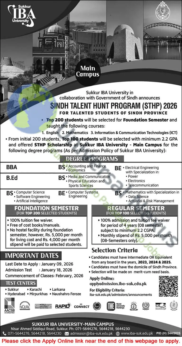 Sukkur IBA University Sindh Talent Hunt Program (STHP) 2026 Advertisement