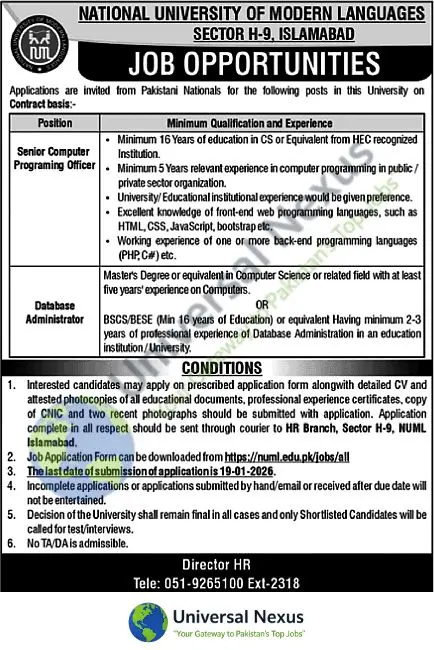 NUML University Islamabad Jobs 2026 Application Form Advertisement