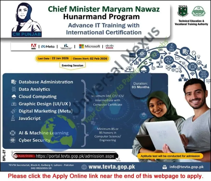 CM Punjab Hunarmand Program 2026 Apply Online TEVTA Training Advertisement