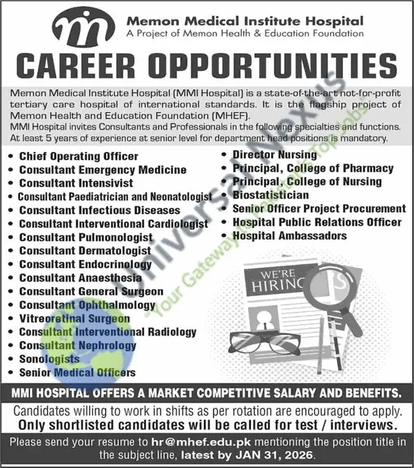 MMI Hospital Karachi Jobs 2026 – Medical & Consultant Staff Advertisement