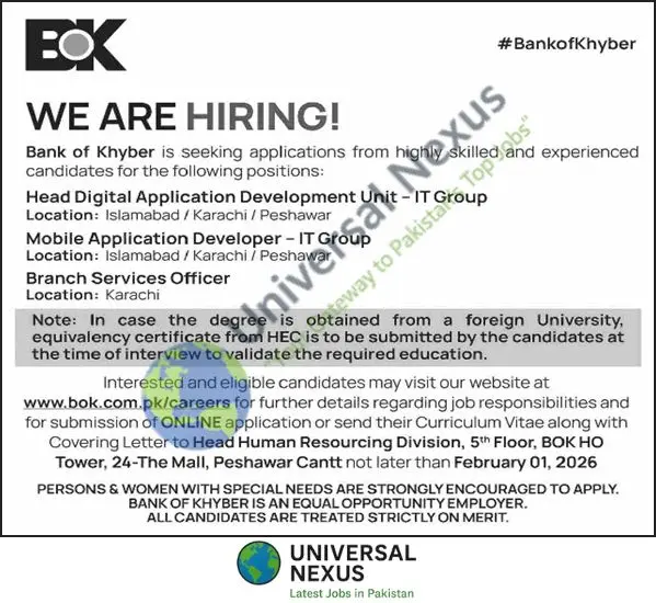 Bank of Khyber Jobs 2026 Apply Online Mobile App Developers & Others Advertisement