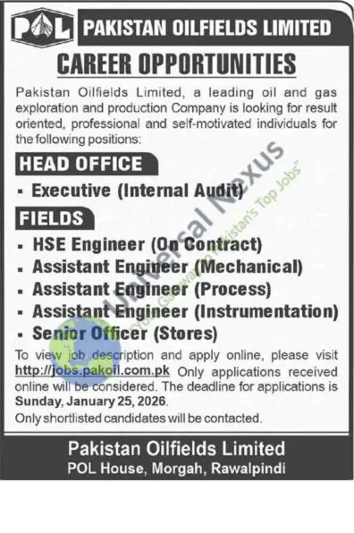 Pakistan Oilfields Limited POL Jobs 2026 Apply Online Assistant Engineers & Others Advertisement