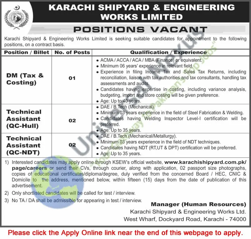 Karachi Shipyard and Engineering Works Jobs 2026 – Apply Online Technical Assistants Advertisement