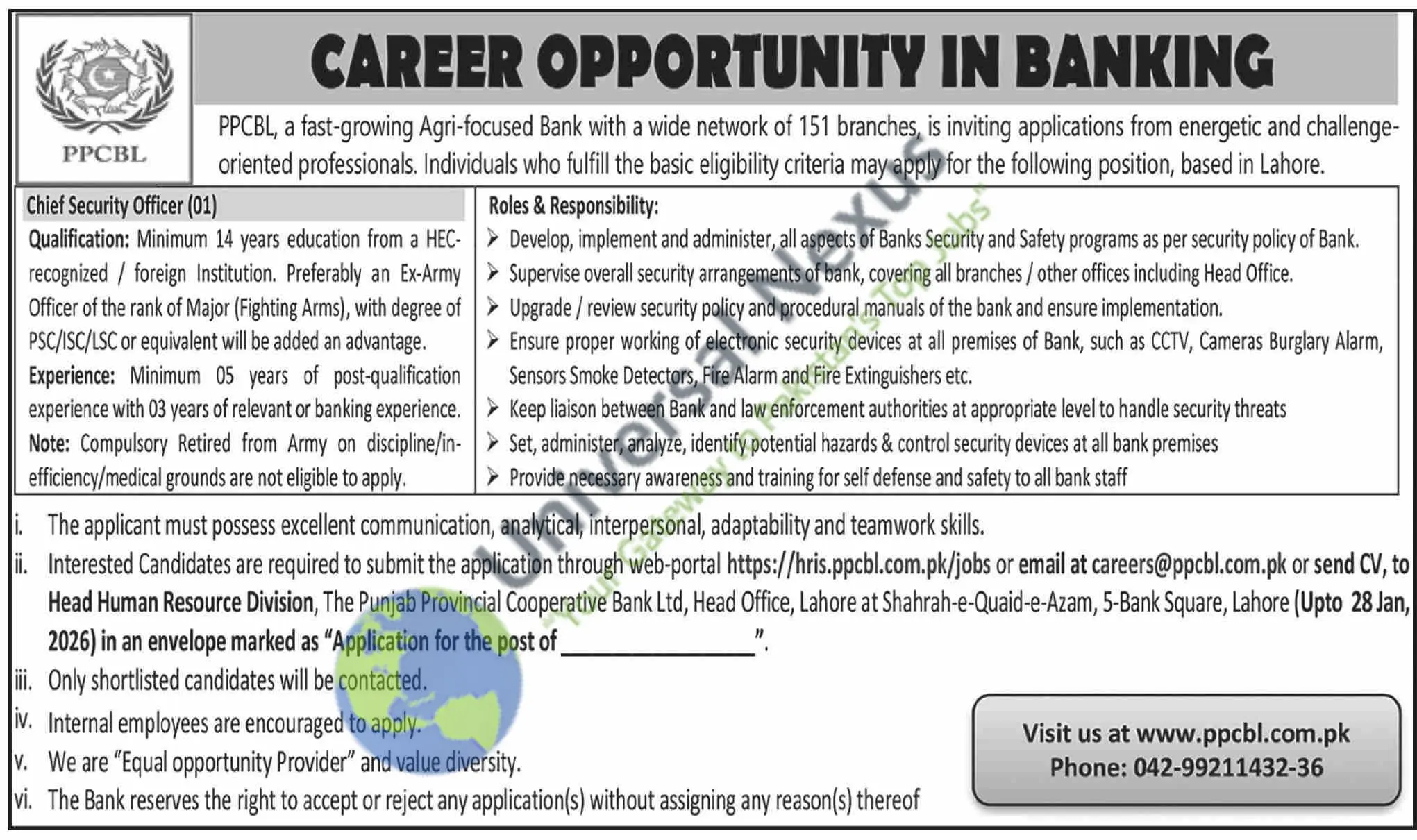 Security Officer Jobs At Punjab Provincial Cooperative Bank January 2026 Advertisement