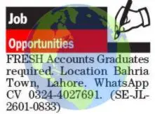 Accountant & Accounts Graduate Jobs 2026 in Lahore | Jan 2026 Advertisement