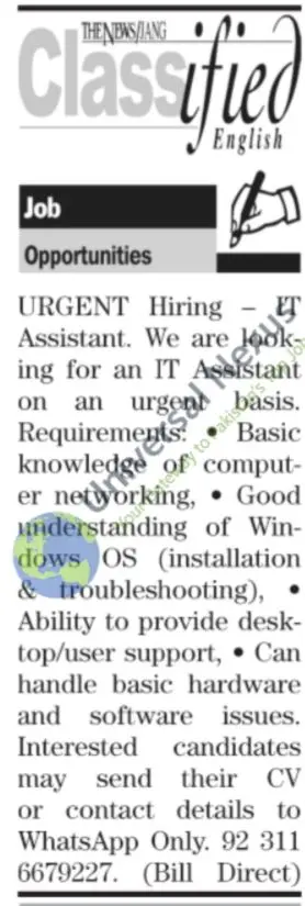 IT Assistant Jobs Open in Karachi 2026 | Apply Online Now Advertisement