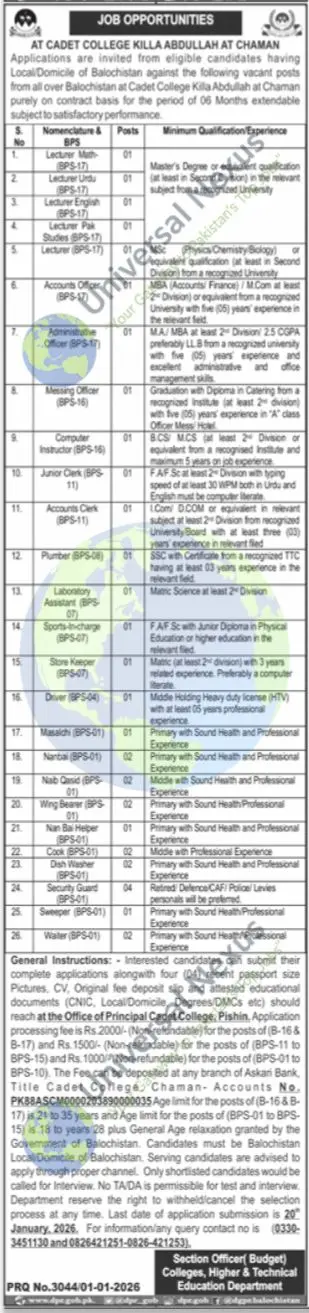 Cadet College Killa Abdullah Chaman Jobs January 2026 Advertisement