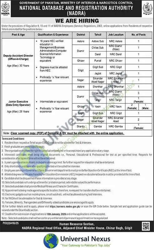 NADRA Gilgit Baltistan Jobs 2026 Apply Online Latest Advertisement