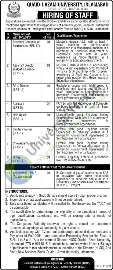Quaid-i-Azam University QAU Islamabad Jobs January 2026 Advertisement