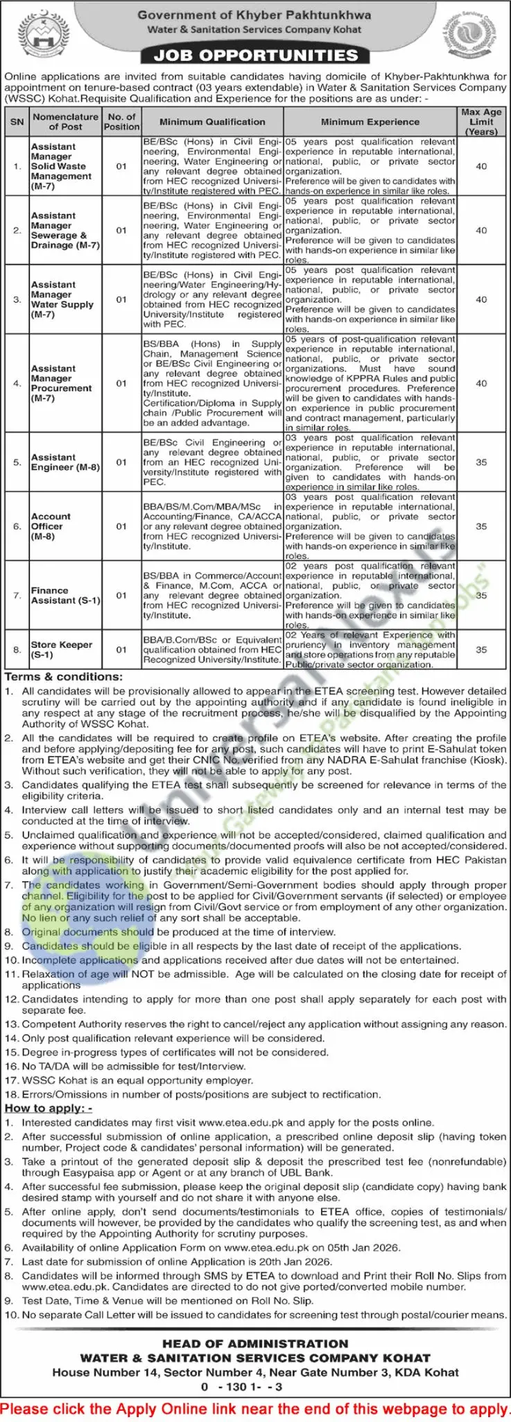 WSSC Kohat Jobs January 2026 ETEA Apply Online Latest Advertisement