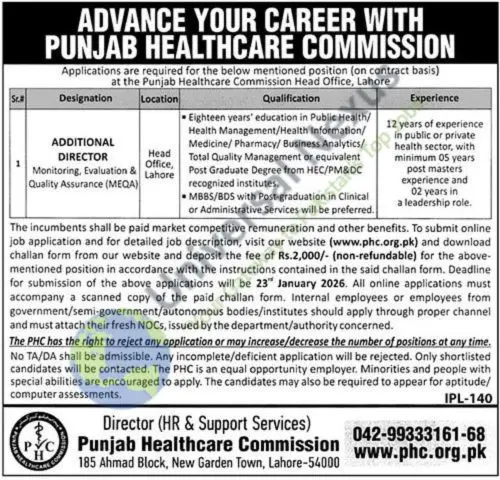 PHC Lahore Jobs January 2026 – Additional Director Punjab Advertisement