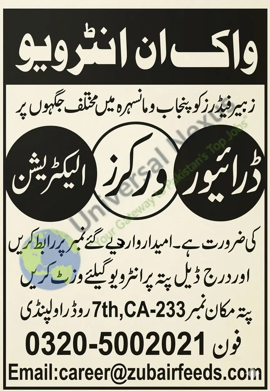 Zubair Feeds Rawalpindi Jobs 2026 Latest Walk-in-Zubair Feeds Advertisement