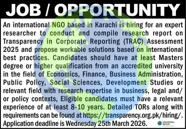 Expert Researcher Karachi 2026 Latest NGO Jobs – TIP Advertisement