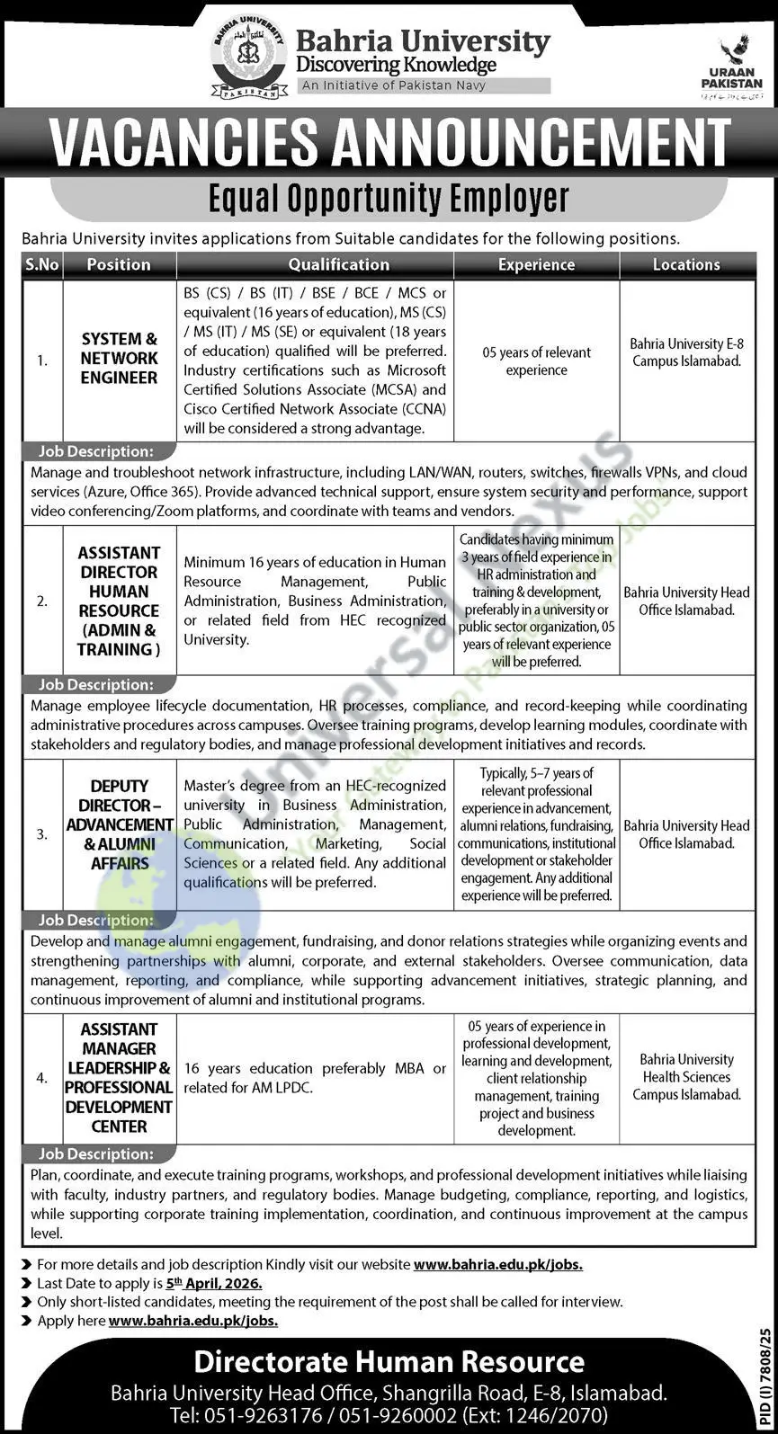 Bahria University Jobs Islamabad 2026 Latest Urgent Hiring March 2026 Advertisement