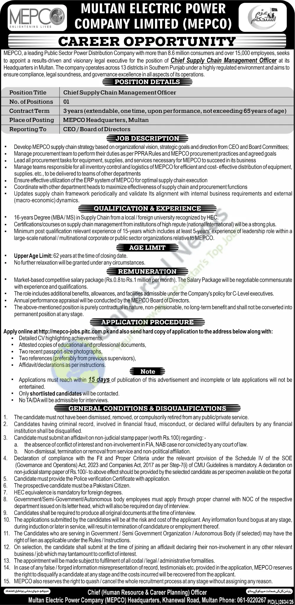 Chief Supply Chain Officer Multan 2026 Elite Government Job March 2026 – MEPCO Advertisement