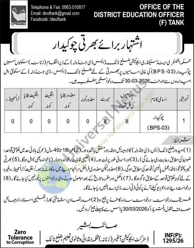 Chowkidar Jobs Tank 2026 Latest Government Job March 2026 Advertisement