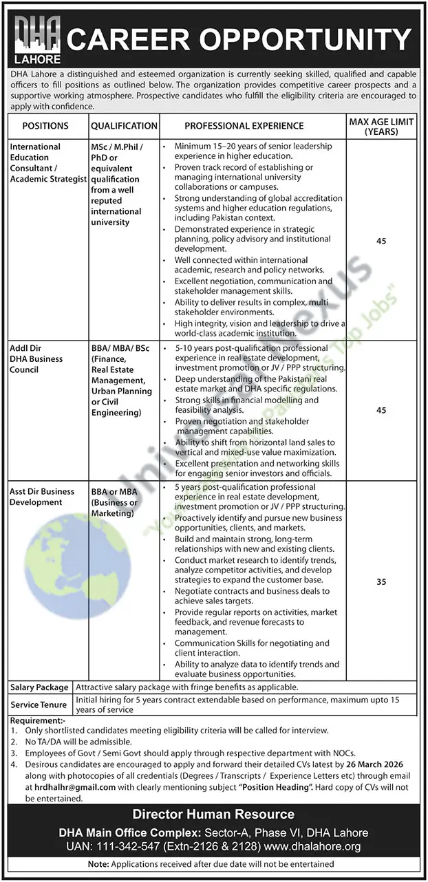 DHA Lahore Jobs 2026 Latest Urgent Hiring March 2026 – DHA Advertisement