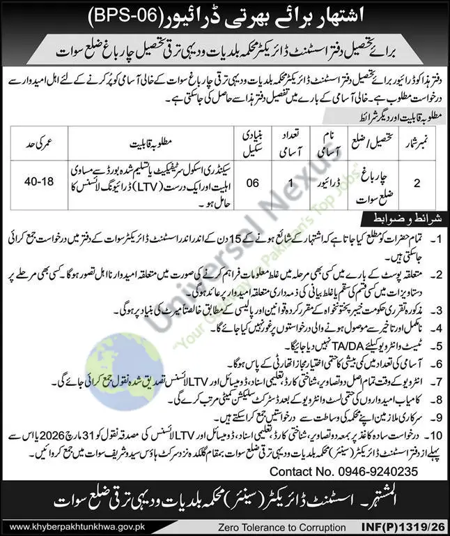 Driver Jobs Swat 2026 Latest Government Job March 2026 Advertisement