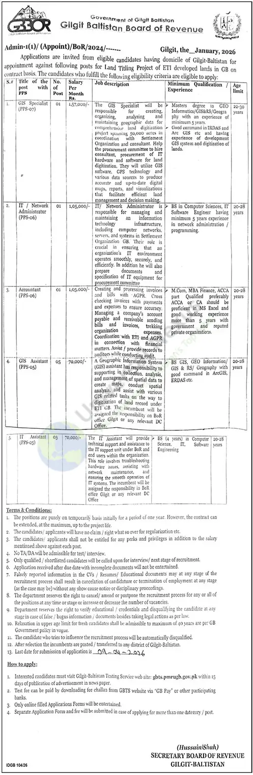 GBBOR Jobs Gilgit 2026 Latest Government Job March 2026 – GBBOR Advertisement