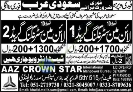 Lineman Jobs Saudi Arabia 2026 Urgent Hiring Private Sector March 2026 – Aaz Crown Star Advertisement