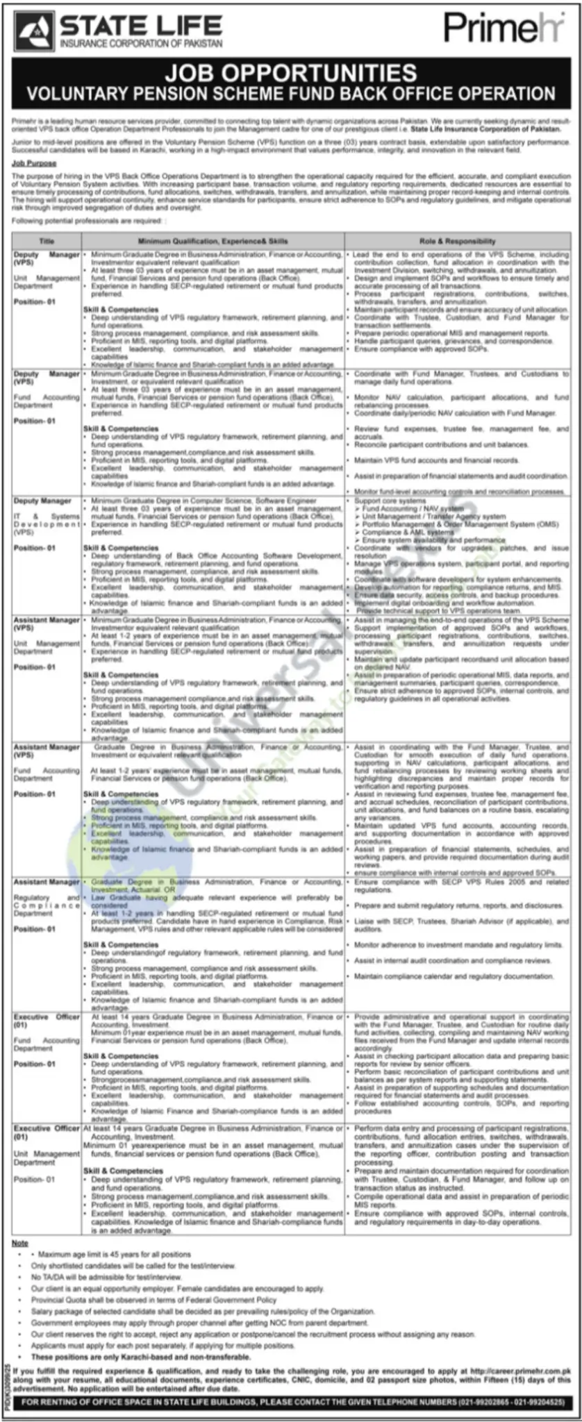 State Life Jobs Karachi 2026 Latest Government Job March 2026 Advertisement