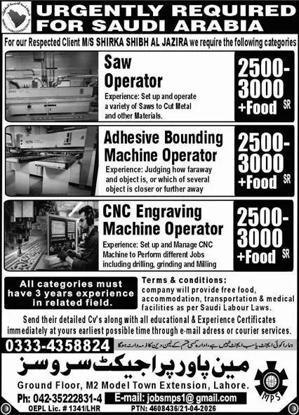 Adhesive Operator Jobs Dammam 2026 Urgent Private Sector April 2026 – M/S SHIRKA SHIBH AL JAZIRA Advertisement