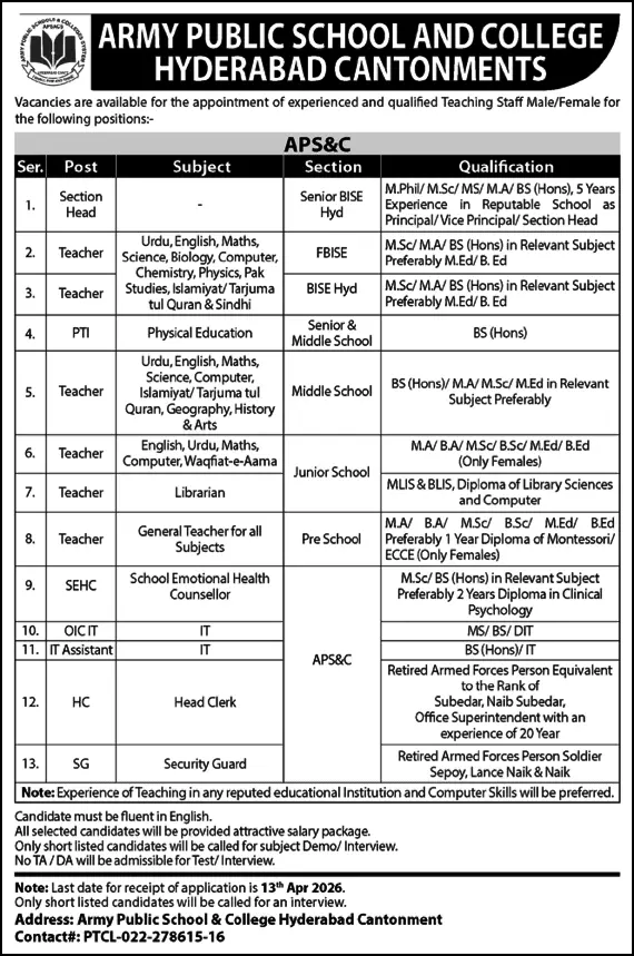 APS Hyderabad Jobs 2026 Latest Teacher Hiring April 2026 Advertisement