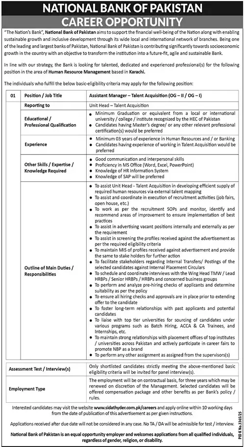Assistant Manager Jobs Karachi 2026 Latest Government Job April 2026 – NBP Advertisement