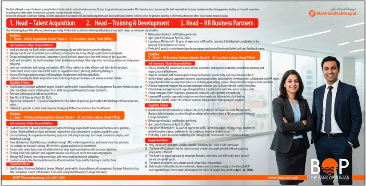 BOP HR Jobs Lahore 2026 Best Private Sector April 2026 Advertisement
