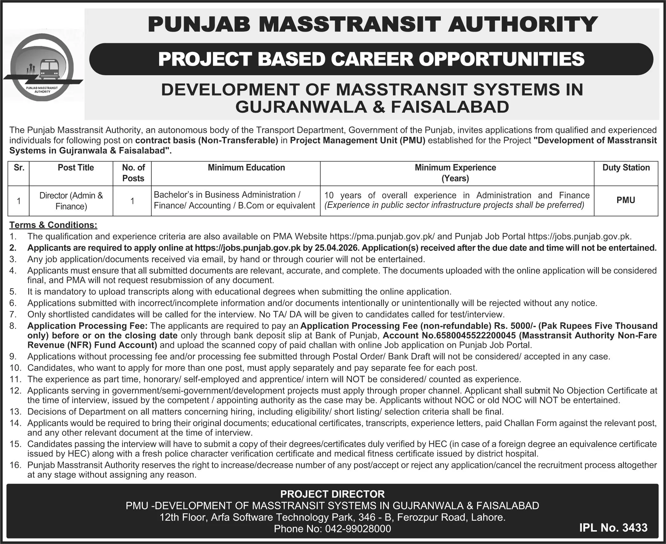 Director Admin Finance Jobs Lahore 2026 Latest Government Job Advertisement