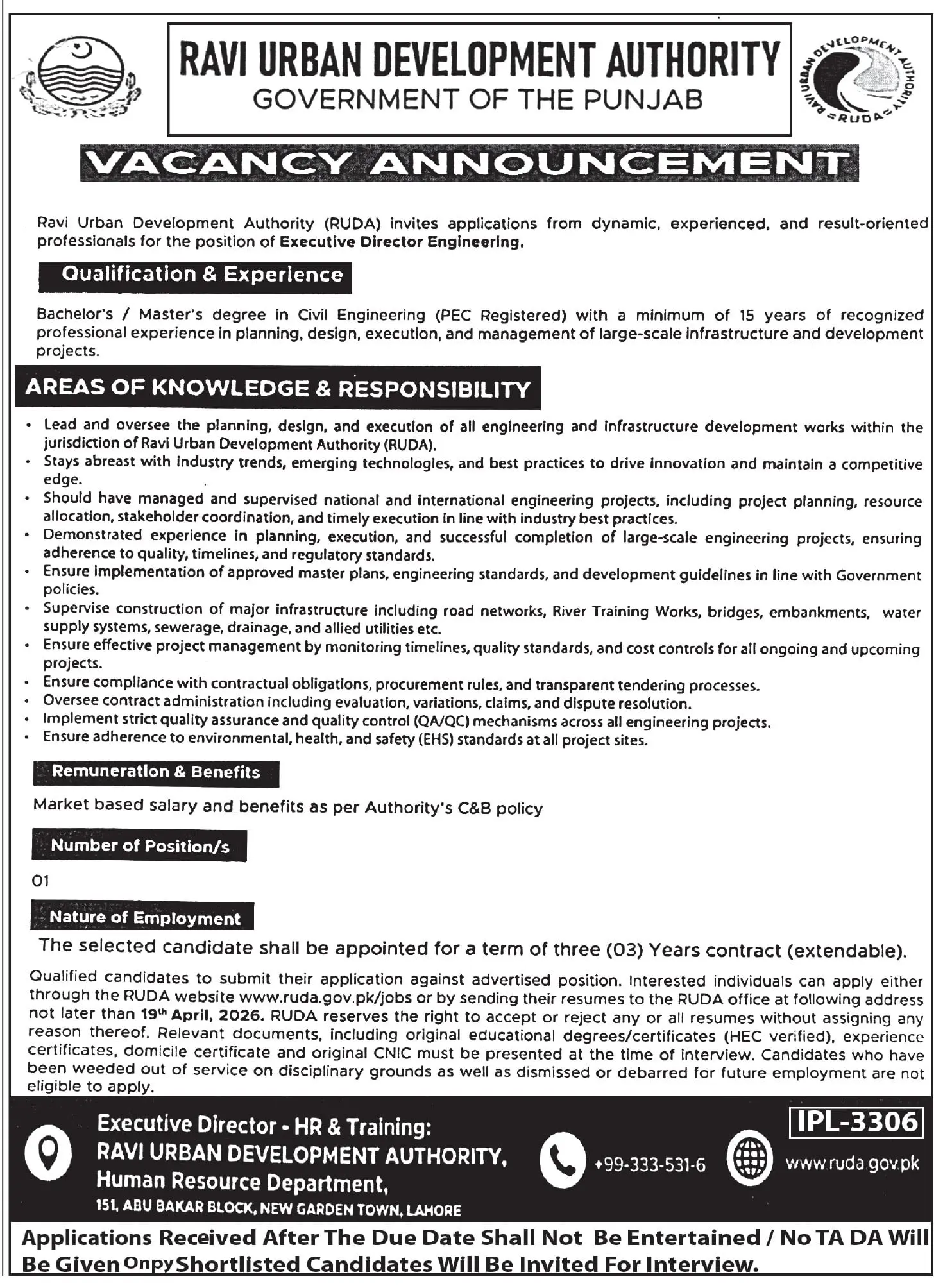 Executive Director Engineering Lahore 2026 Latest Govt Job Advertisement