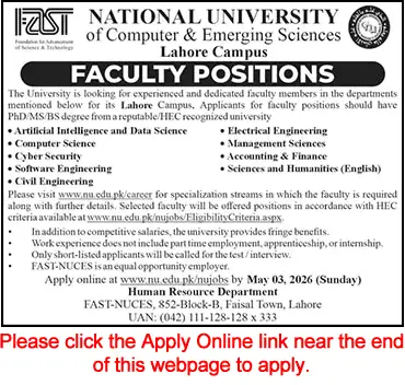 FAST University Jobs Lahore 2026 Latest Teaching Positions Advertisement