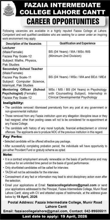 Fazaia College Lahore Jobs 2026 Latest Government Job April 2026 – Exciting Opportunities Advertisement