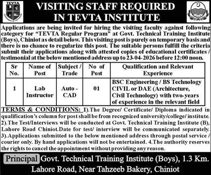 Exciting Opportunities: Lab Instructor Jobs Chiniot 2026 Latest Government Job April 2026 Advertisement