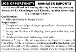 Manager Imports Jobs Karachi 2026 Latest Urgent Hiring April Advertisement