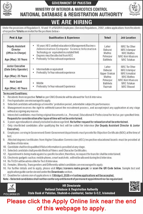 NADRA Jobs KPK 2026 Latest Government Job April 2026 Advertisement
