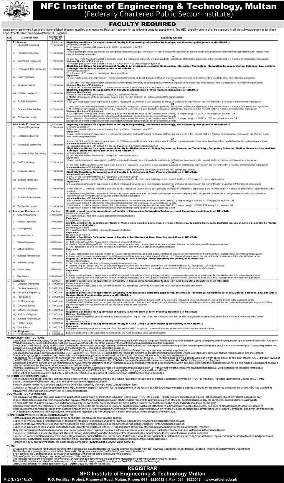 NFC IET Jobs Multan 2026 Latest Government Job April 2026 – Exciting Opportunities Advertisement