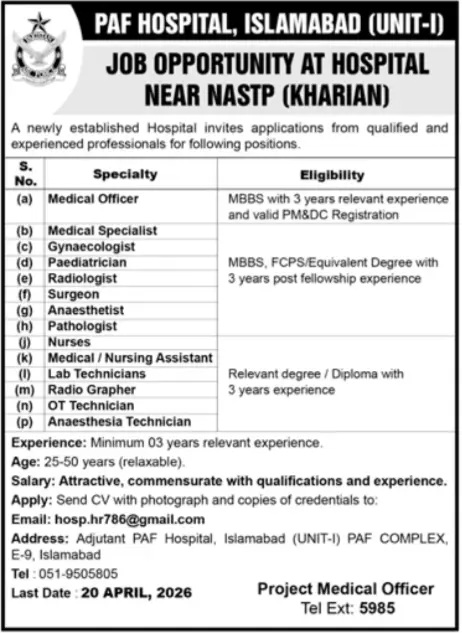 PAF Hospital Jobs Islamabad 2026 Latest Government Job April 2026 Advertisement