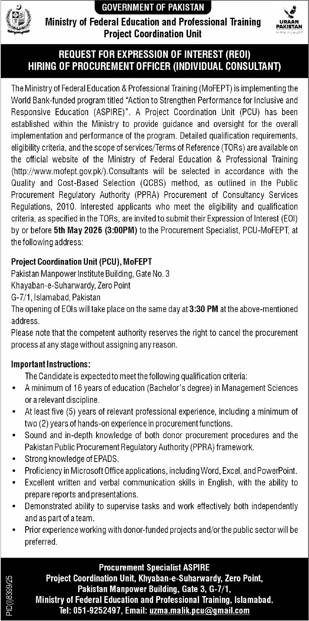 Procurement Officer Islamabad Jobs 2026 Latest Government Job April 2026 – MoFEPT Advertisement