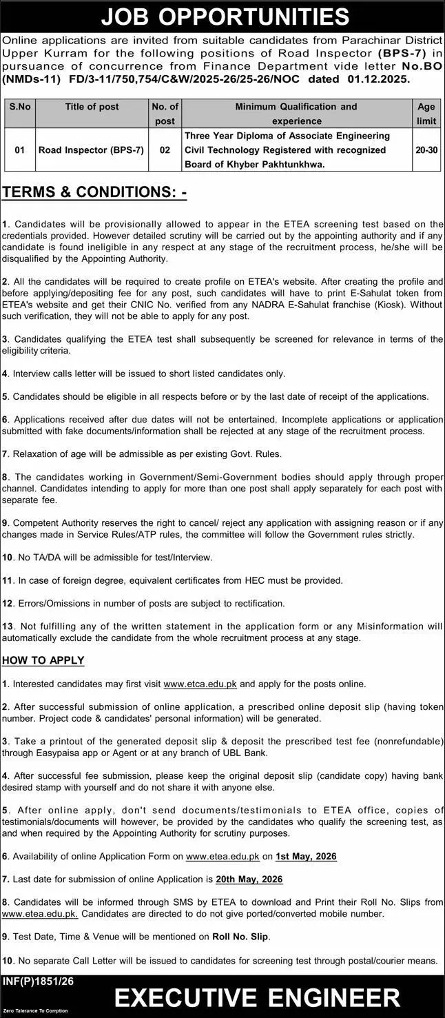 Road Inspector Jobs Parachinar 2026 Latest Government Job April 2026 – C&W Department Advertisement