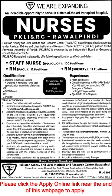 Staff Nurse Jobs Rawalpindi 2026 Latest Government Job April 2026 – PKLI&RC Advertisement