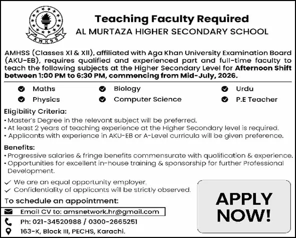 Teaching Faculty Jobs Karachi 2026 Latest New April 2026 Advertisement